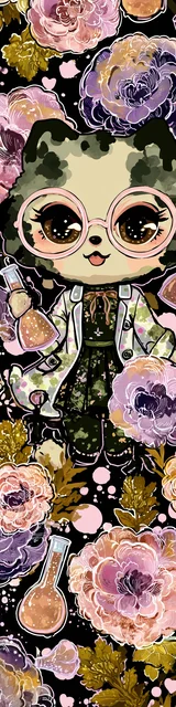 Free kawaii cats bookmark featuring a cat with glasses and flowers